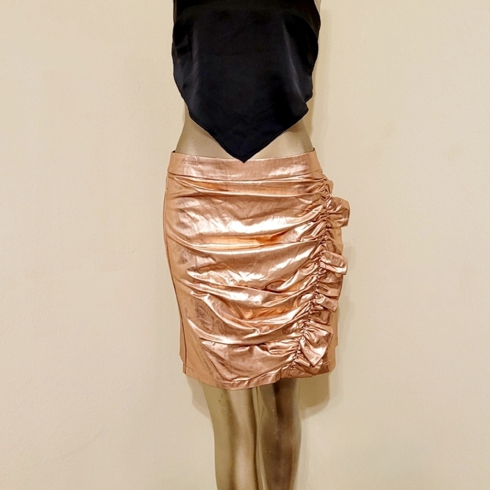 NWT ROSE GOLD METALLIC SIDE RUFFLE RUCHED MINI SKIRT - Picture 4 of 13